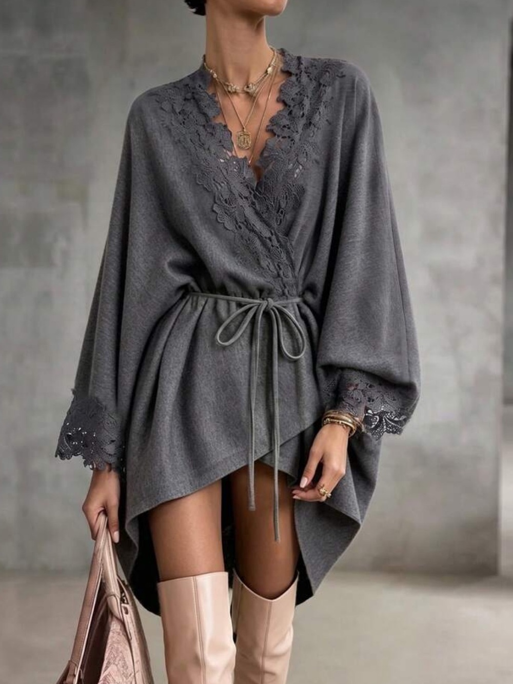 Women's Casual Daily Commute Simple Solid Color Lace Stitching Tie Waist